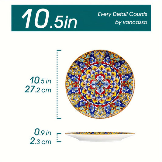 Bohemian Dinner Plates Set of 6 – 10.5 Inch Colorful Stoneware Plate Set Microwave Dishwasher Safe Scratch Resistant Porcelain Dinnerware for Home Restaurant Cafe Boho Kitchen Decor Gift