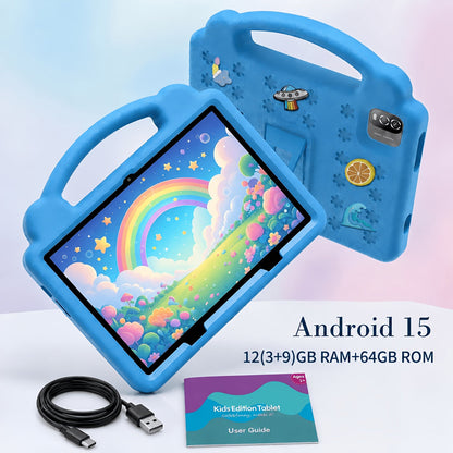 Kids Tablet 10.1 Inch with Android 15, 3GB RAM, 64GB Storage, 1TB Expansion, WiFi 6 and Case