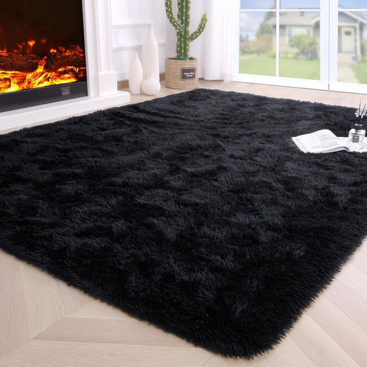 Area Rug, Black Rectangular Shaggy Microfiber Style in 4x6, 5x8, 6x9 or 8x10 Feet with Machine-Wash Care