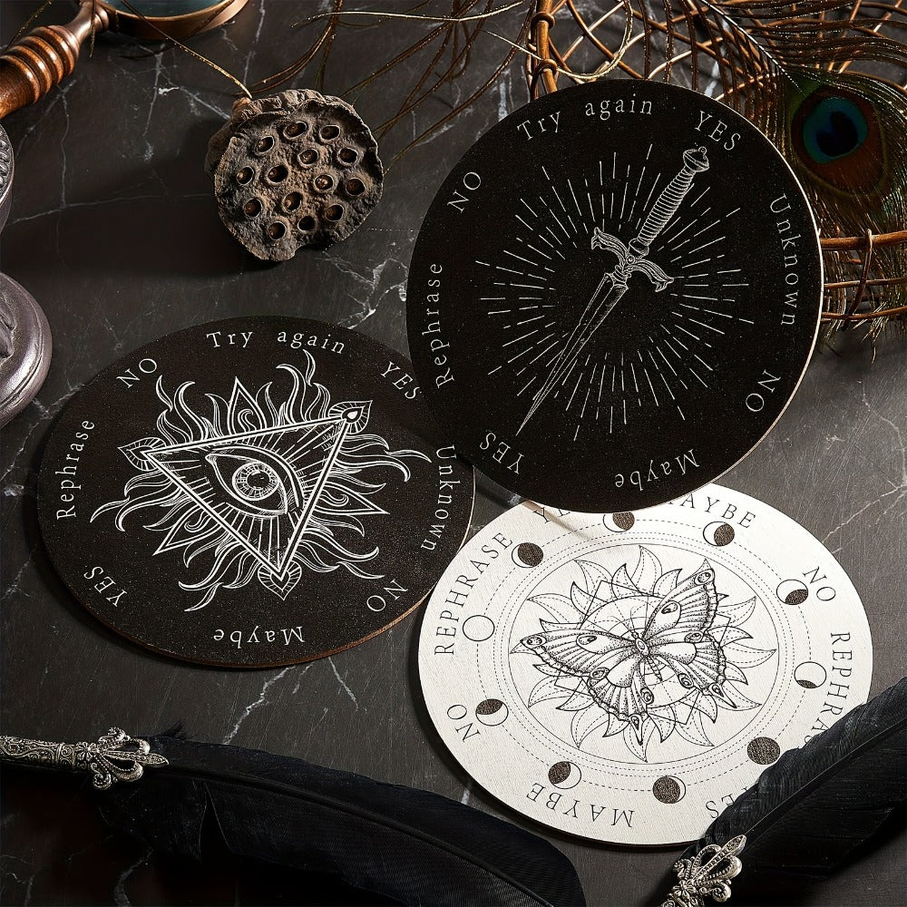 Eight-Piece Wooden Pendulum Board Set with Six-Inch Yes-No Designs for Adult Spiritual Practice and Decor