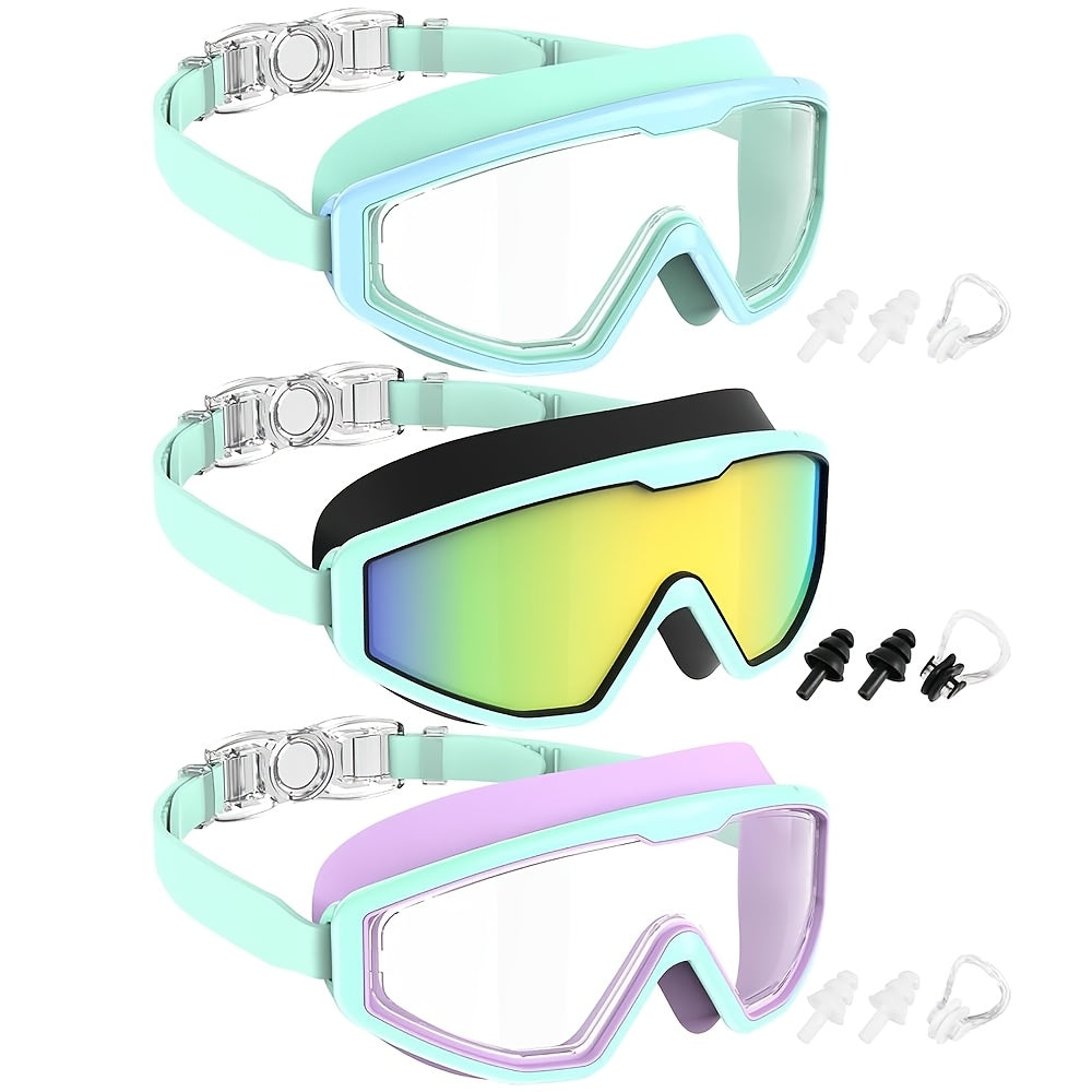 Three-Pair Swimming Goggles Set with 6.1-Inch Frames, Adjustable Straps, Earplugs and Nose Clips in Models A, B or C