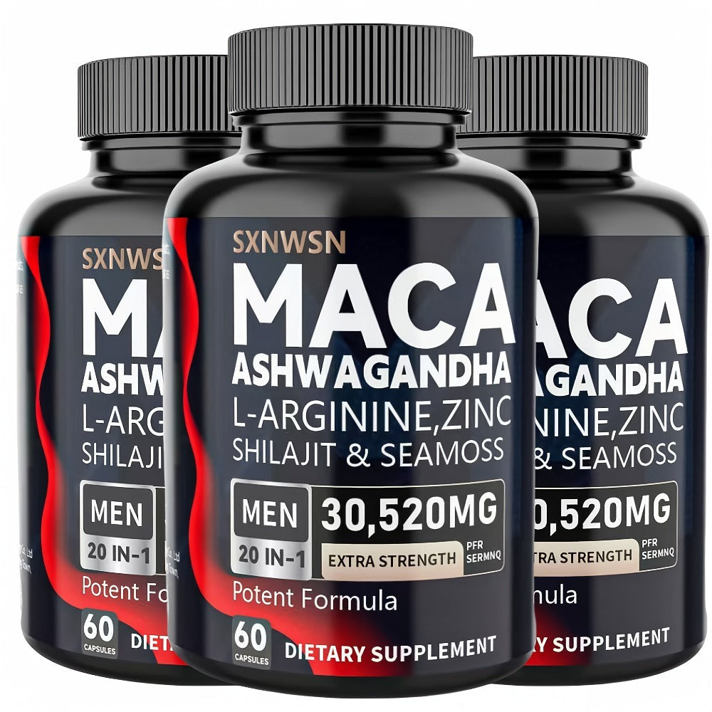 Dietary Supplement Capsules with SXNWSN Label, Sea Moss, Shilajit, Maca, L-Arginine and 60 or 120 Count