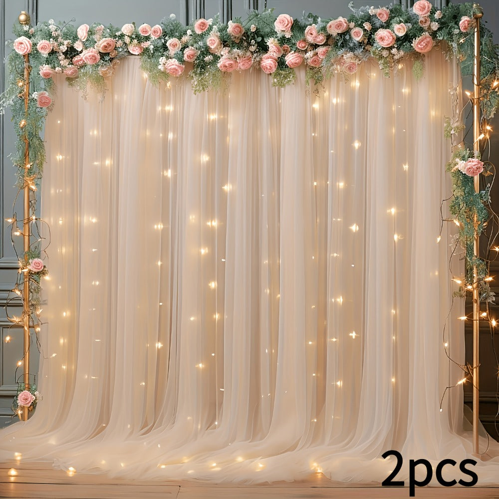 Champagne Tulle Photography Backdrop Set with Two Curtain Panels, USB String Lights and Ten Hooks