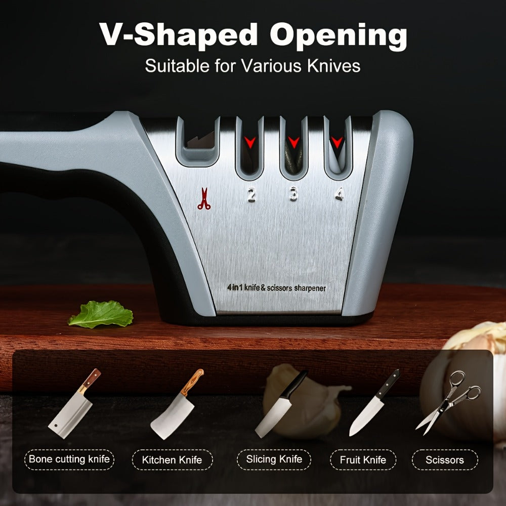 Four-Stage Manual Knife and Scissors Sharpener in Grey with Curved Handle and Four Guided Slots