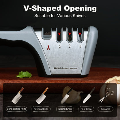 Four-Stage Manual Knife and Scissors Sharpener in Grey with Curved Handle and Four Guided Slots
