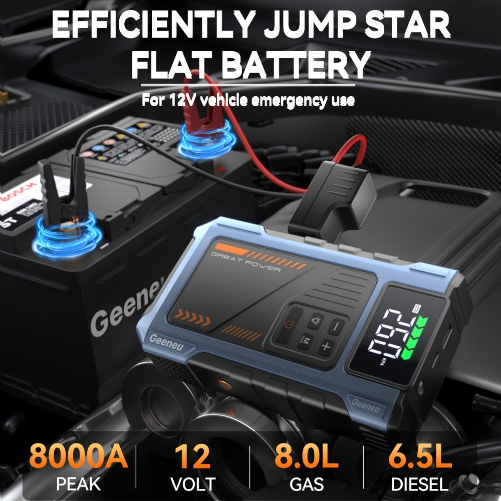 8000A Jump Starter with Air Compressor - 12V Portable Jump Box for Gas & Diesel Cars, USB Ports & LED Flashlight | Up to 8.0L Gas & 6.5L Diesel