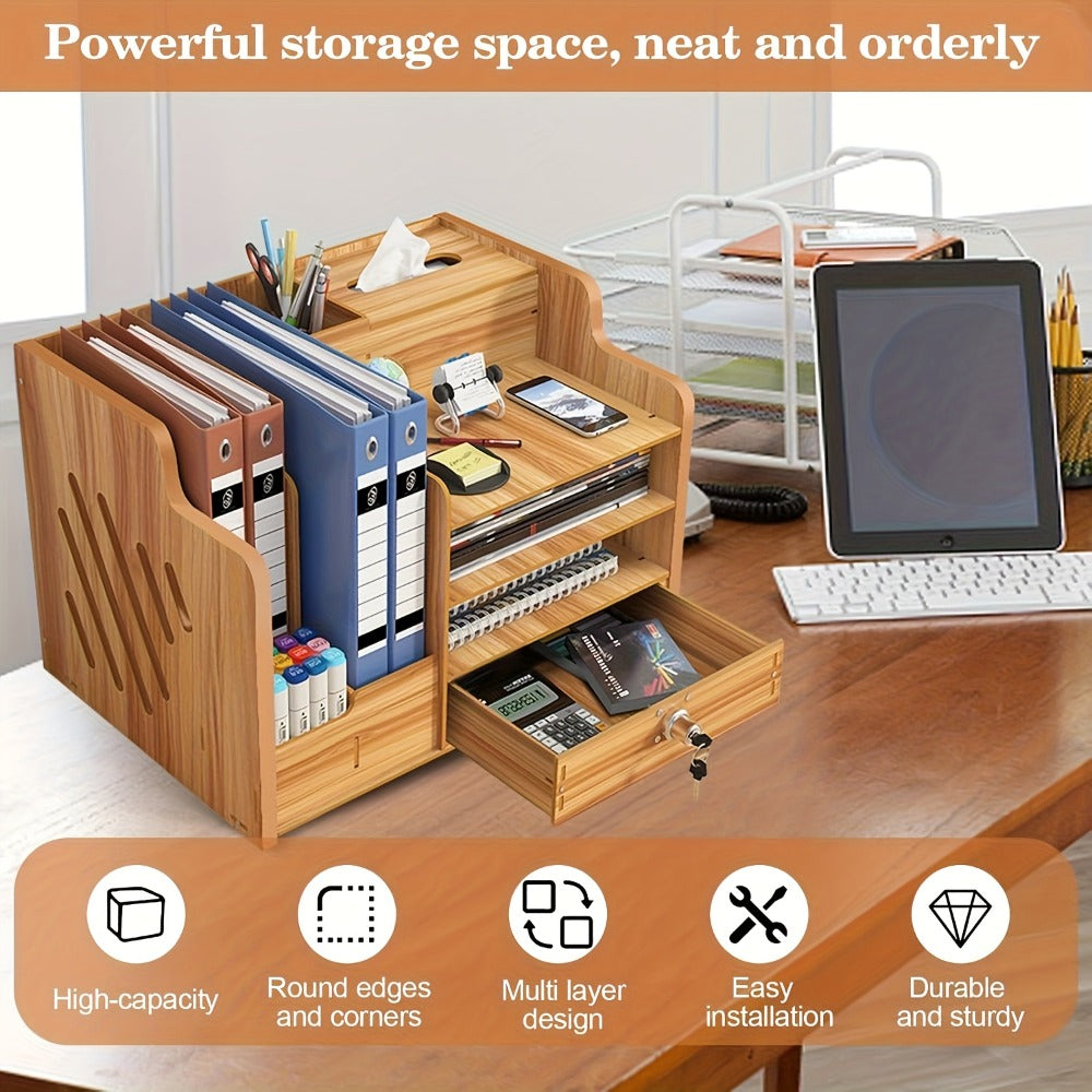 Wooden Desktop Document Organizer with File Slots, Open Shelves, Small Drawer and Approximately 38 cm Width
