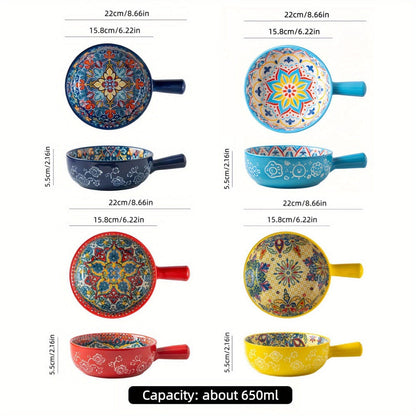 Four-Piece Bohemian-Style Ceramic Bowl Set with Handles in Light Blue, Blue, Red and Yellow