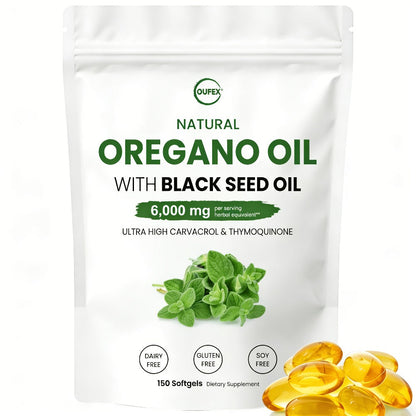 Dietary Supplement Oregano Oil and Black Seed Oil Softgels with Carvacrol and Thymoquinone, 150 Count
