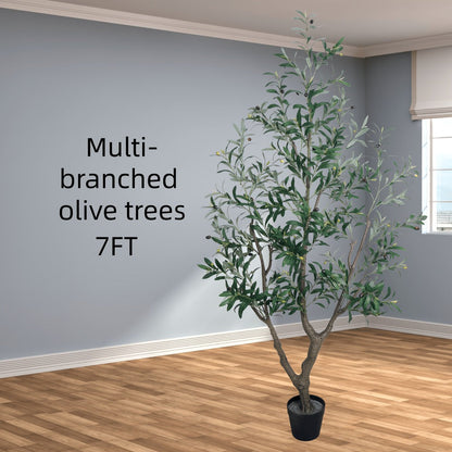 Multi-Branched Artificial Olive Tree with 5.25, 6 or 7 ft Height Options, Decorative Fruit and Black Nursery Pot