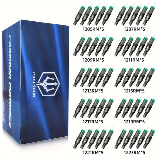Curved Magnum Tattoo Cartridge Needles 50pcs Mixed Set - Round Mag CM RM Long Taper #12 Standard Disposable Membrane, Compatible with All Cartridge Grips & Rotary Machines, for Shading Blending & PMU