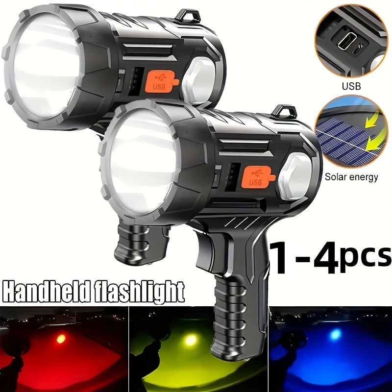 Flashlight Solar and USB Rechargeable Handheld Searchlight with Side Lights in 1, 2 or 4 Packs