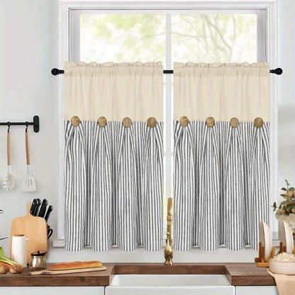 Striped Patchwork Window Curtain Set with Rod-Pocket Top, Six Colors and Five Panel-Count or Size Options