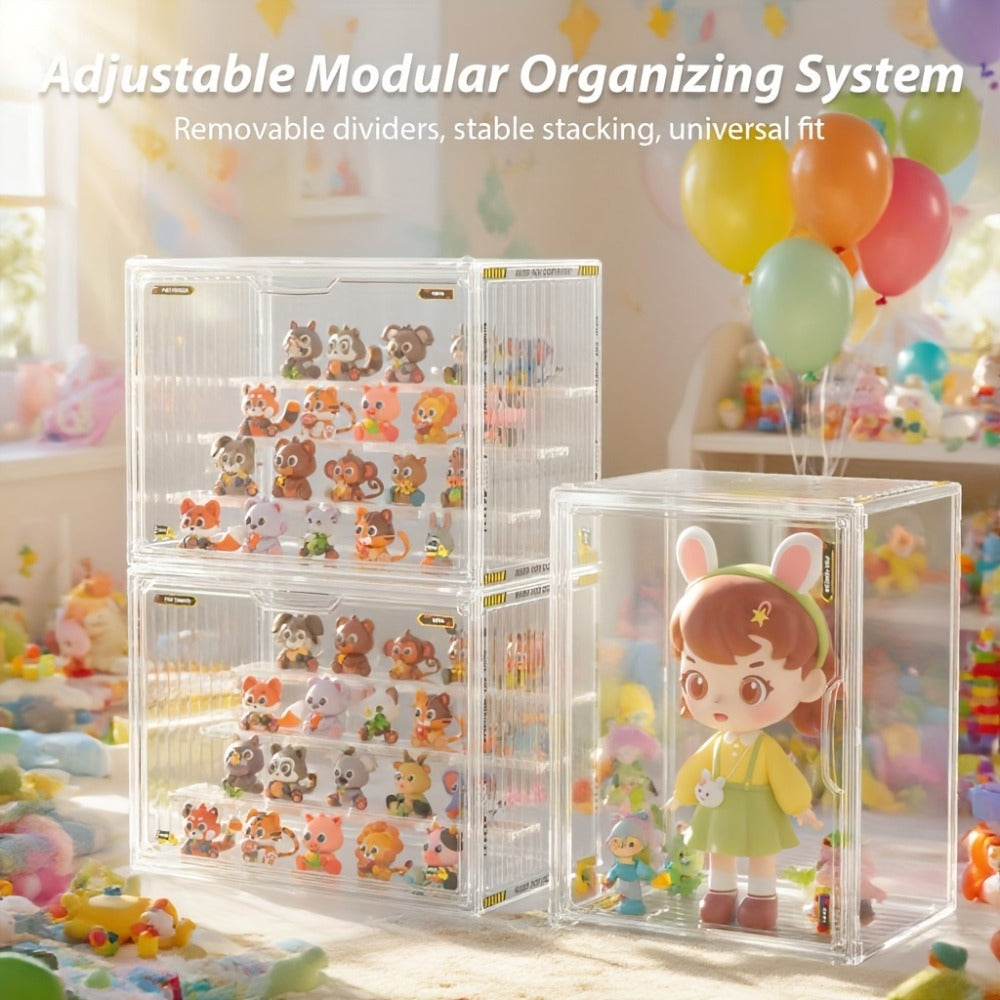 Large Four-Tier Clear Acrylic Figure Display Case with Magnetic Door and Stackable Desktop Design