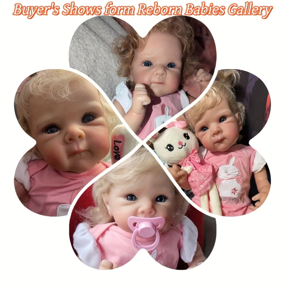 Reborn Baby Doll 16-Inch Cloth Body with Rooted Blonde Hair, Open Eyes, Pink Romper and Pacifier Set