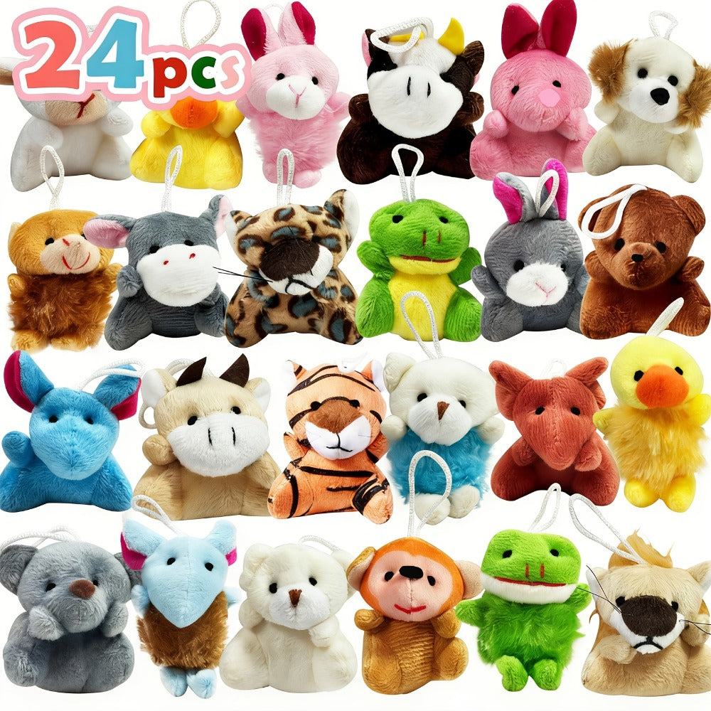 Mini Animal Plush Keychain 24 Pack Bulk — Small Stuffed Animals Assorted Random Colors, Party Favors for Kids, Carnival Prizes, Classroom School Gifts, Goody Bag Fillers, Christmas Easter Halloween Valentine