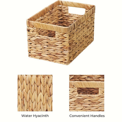 Wicker Storage Basket with Built-in Handle, Natural Rattan Boho Stackable Shelf Organizer Bin for Bathroom Bedroom Living Room Kitchen Closet Home Decor
