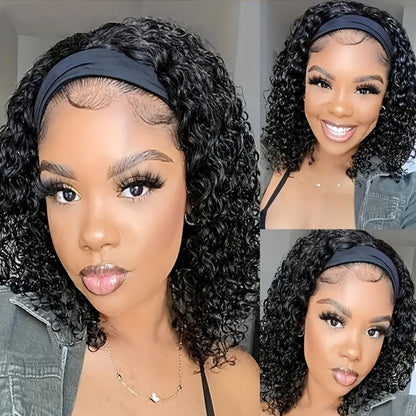 Black Curly Headband Wig in 12, 16 or 22 Inch Protected Length Options with Elastic Cap and Combs