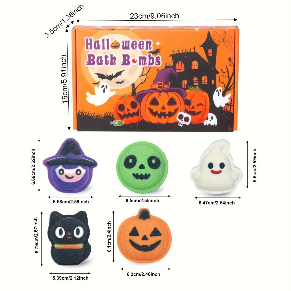 Bath Bombs, 5-Piece Halloween Gift Set with Pumpkin, Bat, Skull, Hat and Cat Shapes in Individual Wrappers