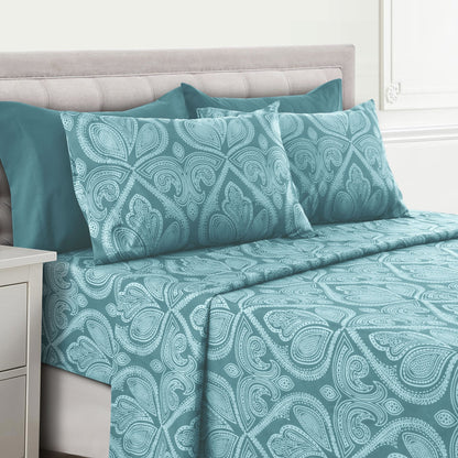 Bed Sheet Set Paisley Brushed Polyester in 4- or 6-Piece Sizing with 16-Inch Pocket and Wash Instructions