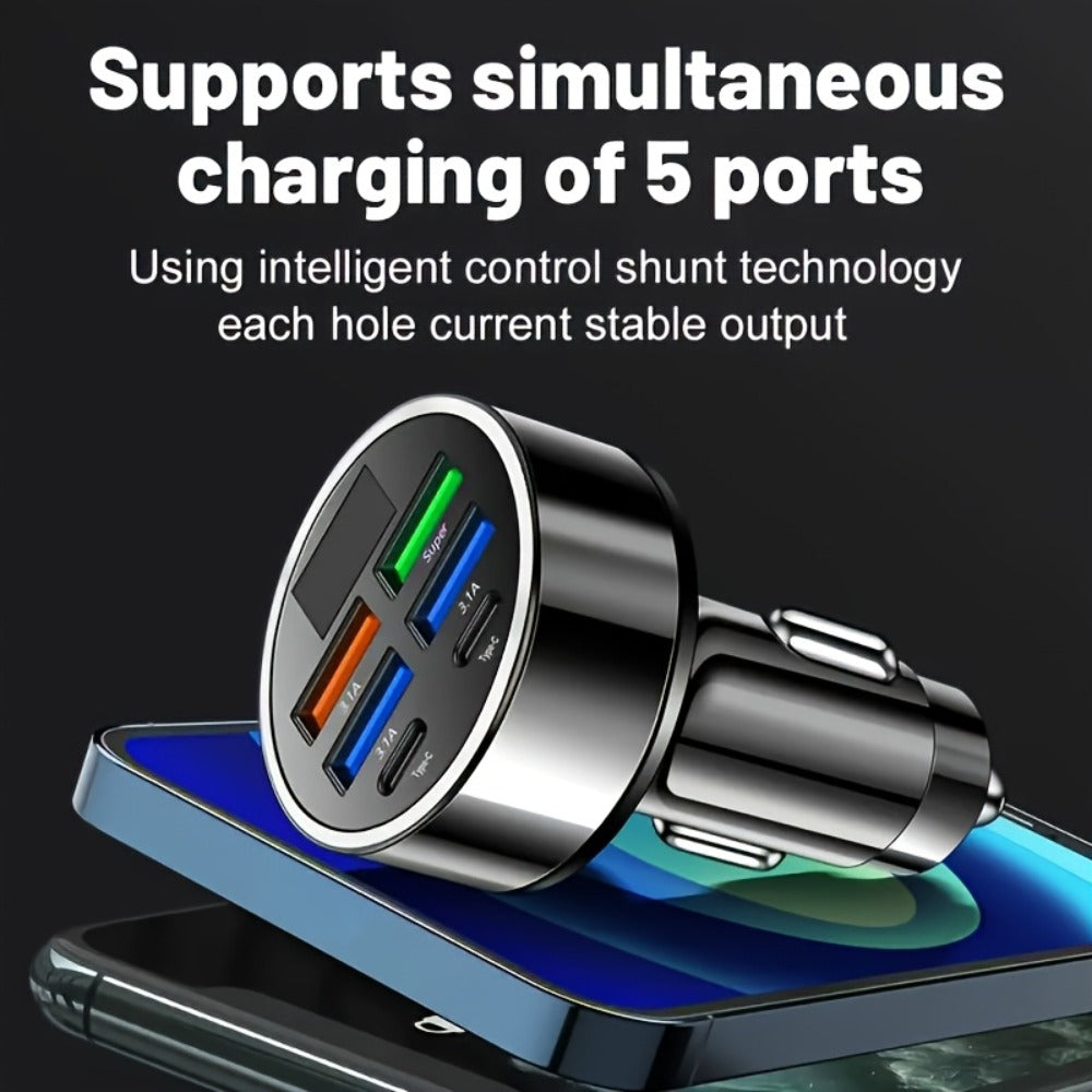 6-in-1 Car Charger 2-Pack with Ambient Light & Voltage Display – Dual PD Fast Charge + QC3.0 + 4 USB Ports Matte Finish – Multi Port USB Car Charger for iPhone 15 14 13 Samsung Android 12V 24V