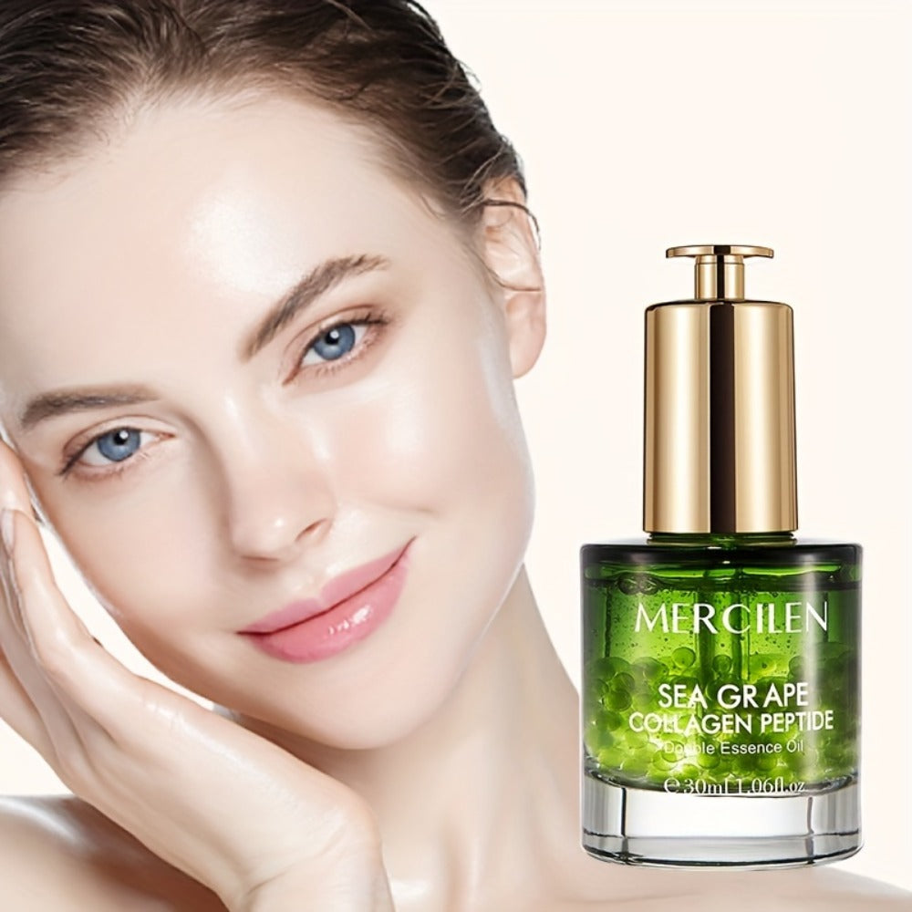 Face Serum Mercilen Sea Grape, Collagen Peptide and Squalane Essence Oil in a Green Pump Bottle