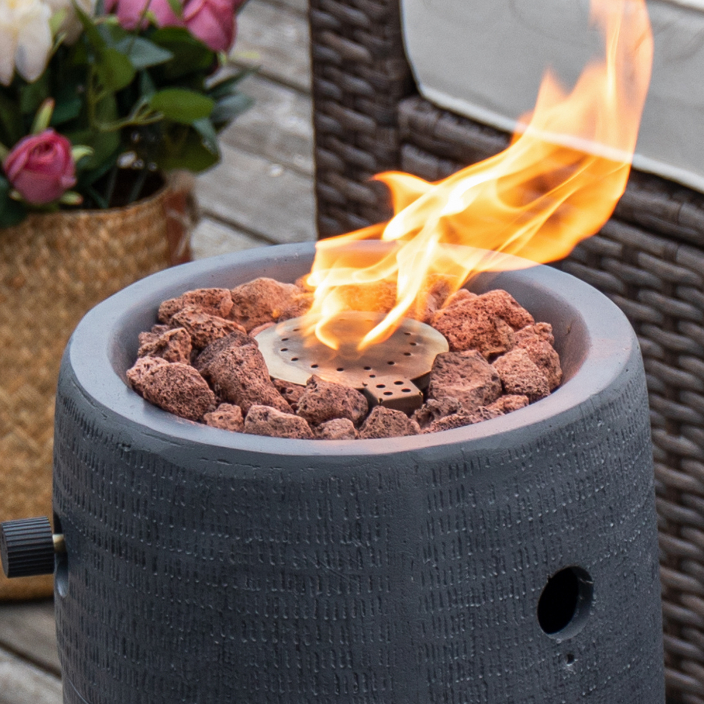 Propane Fire Pit Portable 11 Inch Outdoor 15000 BTU Self-Lighting Heavy Duty Metal Concrete All-Weather Round Patio Heater with Rain Cover for Backyard Camping Pool Party