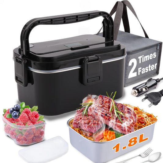 Electric Lunch Box Portable Food Warmer 60oz – 110V Home & 12V/24V Car Heated Meal Container, Stainless Steel, Leak-Proof with Insulated Bag & Fork for Office, Truck, Travel & Camping