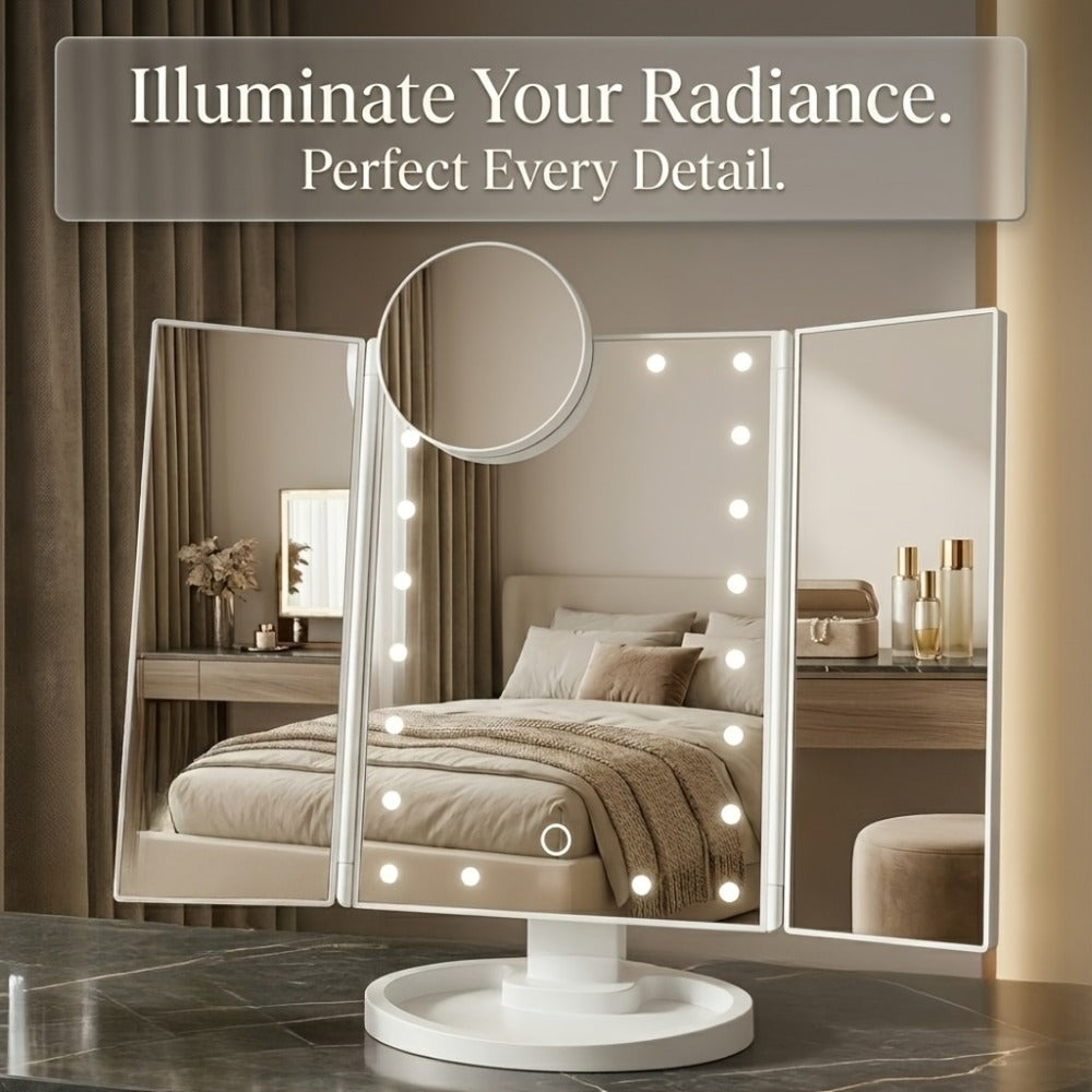 Vanity Mirror with Lights Tri-Fold 21 LED Lighted Makeup Mirror Touch Control 1X 2X 3X 10X Magnification 360 Rotation Dual Power Tabletop Trifold Mirror for Women Gift White Rose Gold