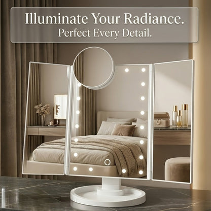 Vanity Mirror with Lights Tri-Fold 21 LED Lighted Makeup Mirror Touch Control 1X 2X 3X 10X Magnification 360 Rotation Dual Power Tabletop Trifold Mirror for Women Gift White Rose Gold