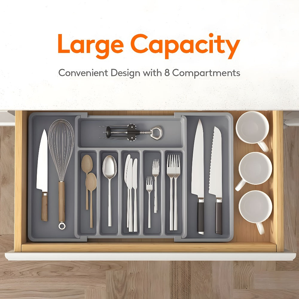 Expandable Eight-Compartment Drawer Organizer for Cutlery with Black, Grey or White Color Options