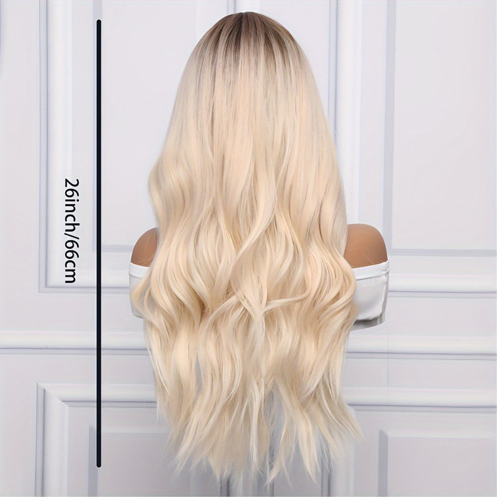 Synthetic Wig 26-Inch Light Golden Loose Waves with Bangs and Glueless Rose Net Cap for Daily Styling