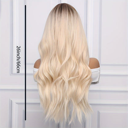 Synthetic Wig 26-Inch Light Golden Loose Waves with Bangs and Glueless Rose Net Cap for Daily Styling