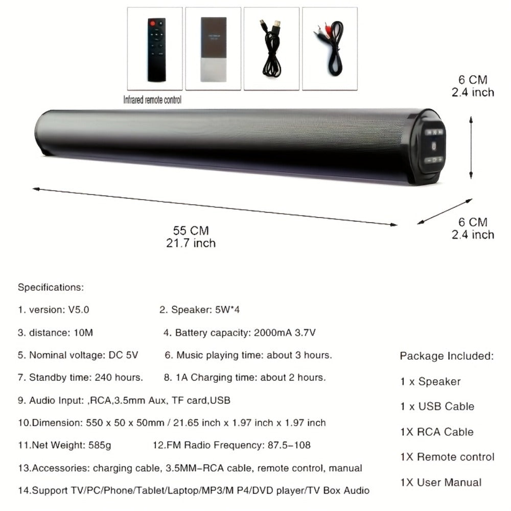 Home Theater Surround Sound System 5.2 Channel – Wireless Subwoofer Dual Air Ducts Bass Boost, TV Soundbar Stick with Remote Control, Rechargeable Battery & Type-C Charging, Complete Speaker Set