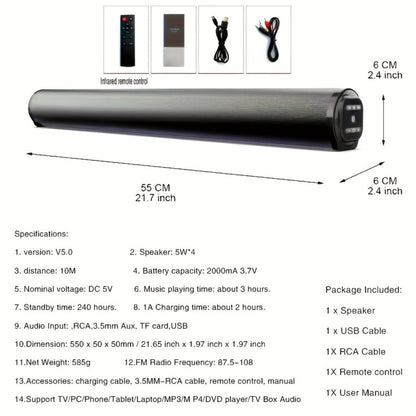 Home Theater Surround Sound System 5.2 Channel – Wireless Subwoofer Dual Air Ducts Bass Boost, TV Soundbar Stick with Remote Control, Rechargeable Battery & Type-C Charging, Complete Speaker Set