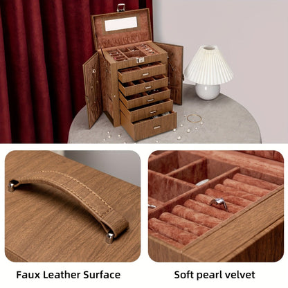 Jewelry Box 6 Tier with 5 Drawers Mirror & Lock | Large Jewelry Organizer Storage Case Gift for Women