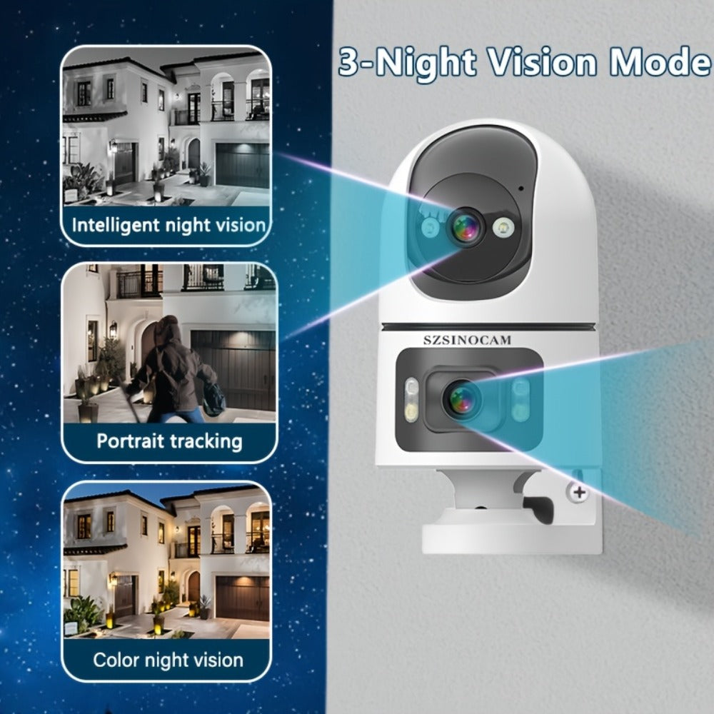 Dual Lens PTZ Outdoor Security Camera IP66 Weatherproof with Auto Tracking, Dual Screen, Night Vision, 2-Way Audio, Motion Detection & 2.4G WiFi – Wireless IP Cam for Home & Street Surveillance