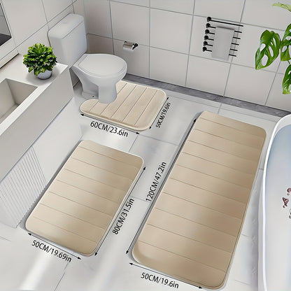 Channel-Stitched Three-Piece Padded Bath Mat Set with Long Runner and Two Matching Rugs in Nine Solid Colors