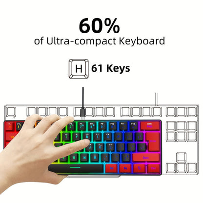60% Compact Wired Gaming Keyboard RGB Backlit Membrane Ultra-Mini 61 Keys for PC Gamers Laptop Desktop Windows Mac – SNPURDIRI Red and Black Small Gaming Keyboard with Anti-Ghosting
