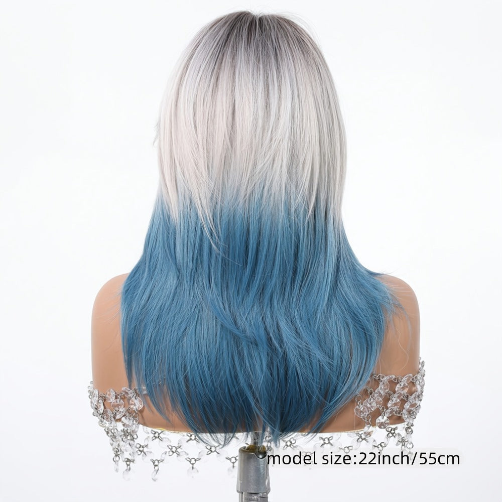 Synthetic Wig 22-Inch Gradient Blue Ombre Layers with Bangs, Adjustable Cap and Rose Hair Net