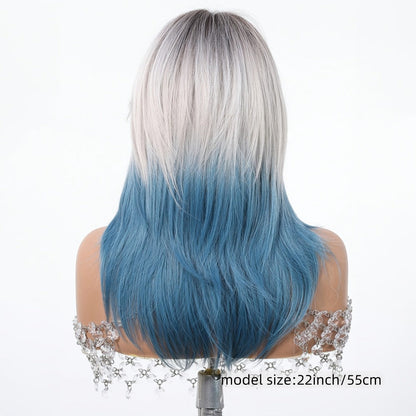 Synthetic Wig 22-Inch Gradient Blue Ombre Layers with Bangs, Adjustable Cap and Rose Hair Net