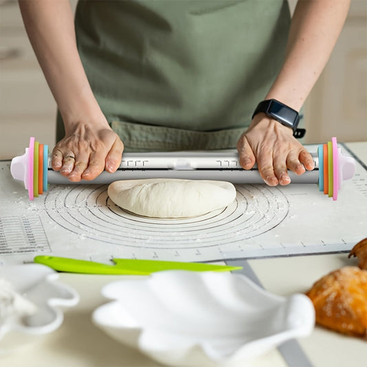 Stainless Steel Rolling Pin with Adjustable Thickness Rings Dough Roller for Baking Pizza Cookies Pastry 430 Grade Non-Stick Heavy Duty Kitchen Baking Tool