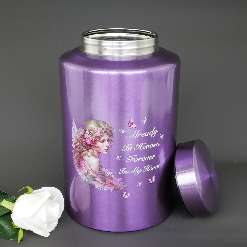 Cremation Urns for Human Ashes Large – Stainless Steel Memorial Urn Holds 220 lbs, Decorative Butterfly Cardinal Fairy Design, Screw Lid & Seal Ring, Velvet Pouch Included, Adult Funeral Keepsake Urn