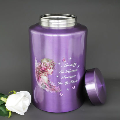 Cremation Urns for Human Ashes Large – Stainless Steel Memorial Urn Holds 220 lbs, Decorative Butterfly Cardinal Fairy Design, Screw Lid & Seal Ring, Velvet Pouch Included, Adult Funeral Keepsake Urn
