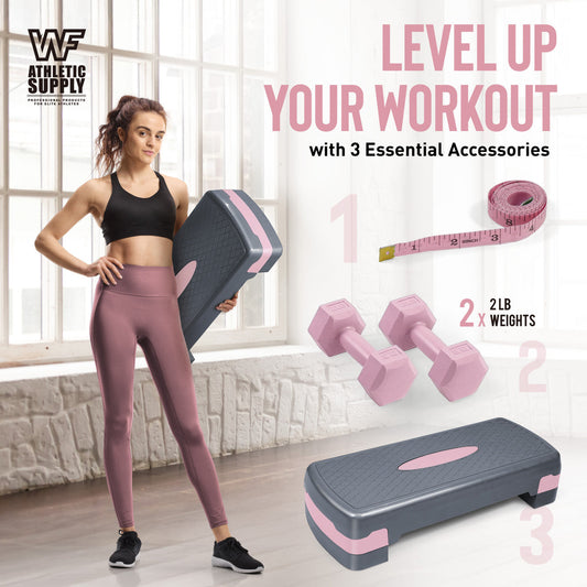 Aerobic Stepper Set with 2 Dumbbells & Measuring Tape – Adjustable Height 4"/6" Exercise Step Platform Non-Slip Workout Stepper for Home Gym, Supports 550 LB, 3 Colors