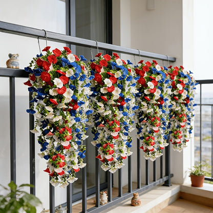 Artificial Flowers Six-Piece Hanging Morning Glory Vine Set in Red White and Blue for Seasonal Decor