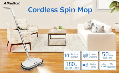 Cordless Electric Spin Mop with LED Headlight & Sprayer, 50-Min Runtime 6oz Water Tank, Lightweight Floor Scrubber for Hardwood Tile Laminate Floors