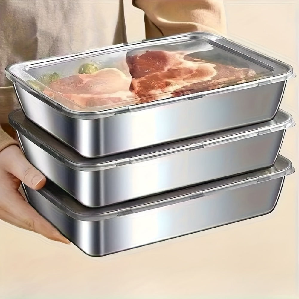 Food Storage Containers Stainless Steel Stackable Set with Lids in Three- or Nine-Box Configurations