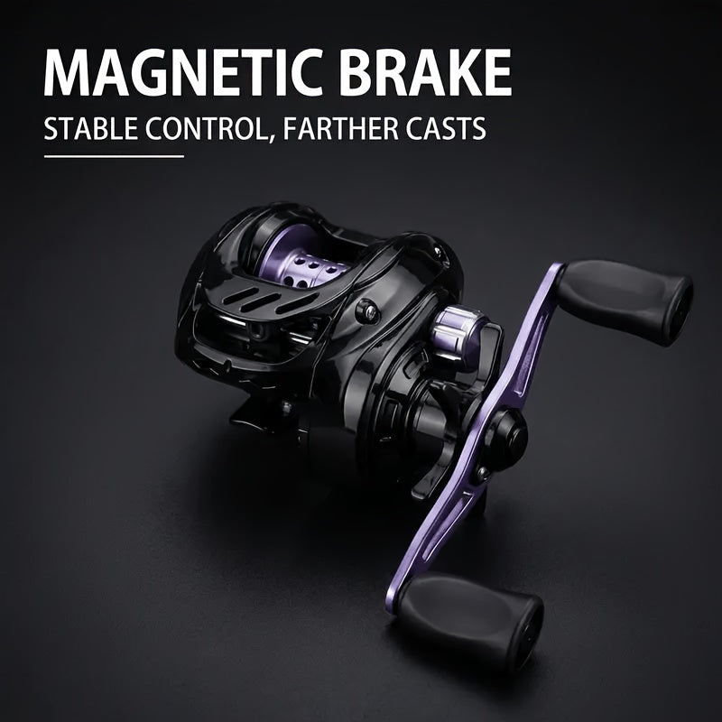 Black and Purple Baitcasting Fishing Reel with Left- or Right-Hand Retrieve and Dual-Paddle Handle
