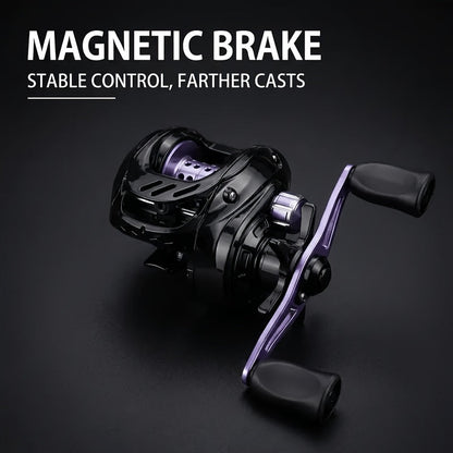 Black and Purple Baitcasting Fishing Reel with Left- or Right-Hand Retrieve and Dual-Paddle Handle